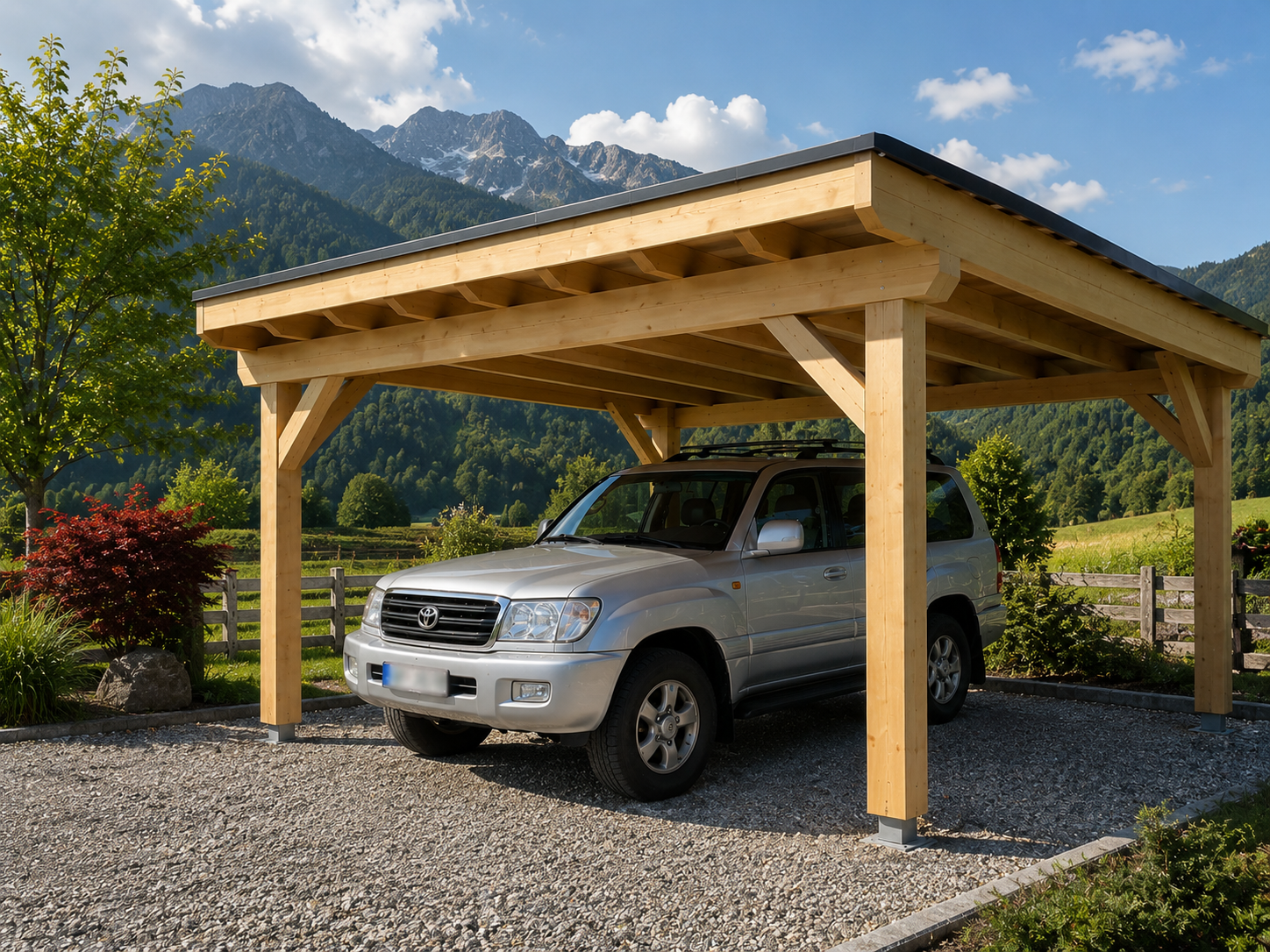 Holz-Carport mit Auto vor einer Berglandschaft